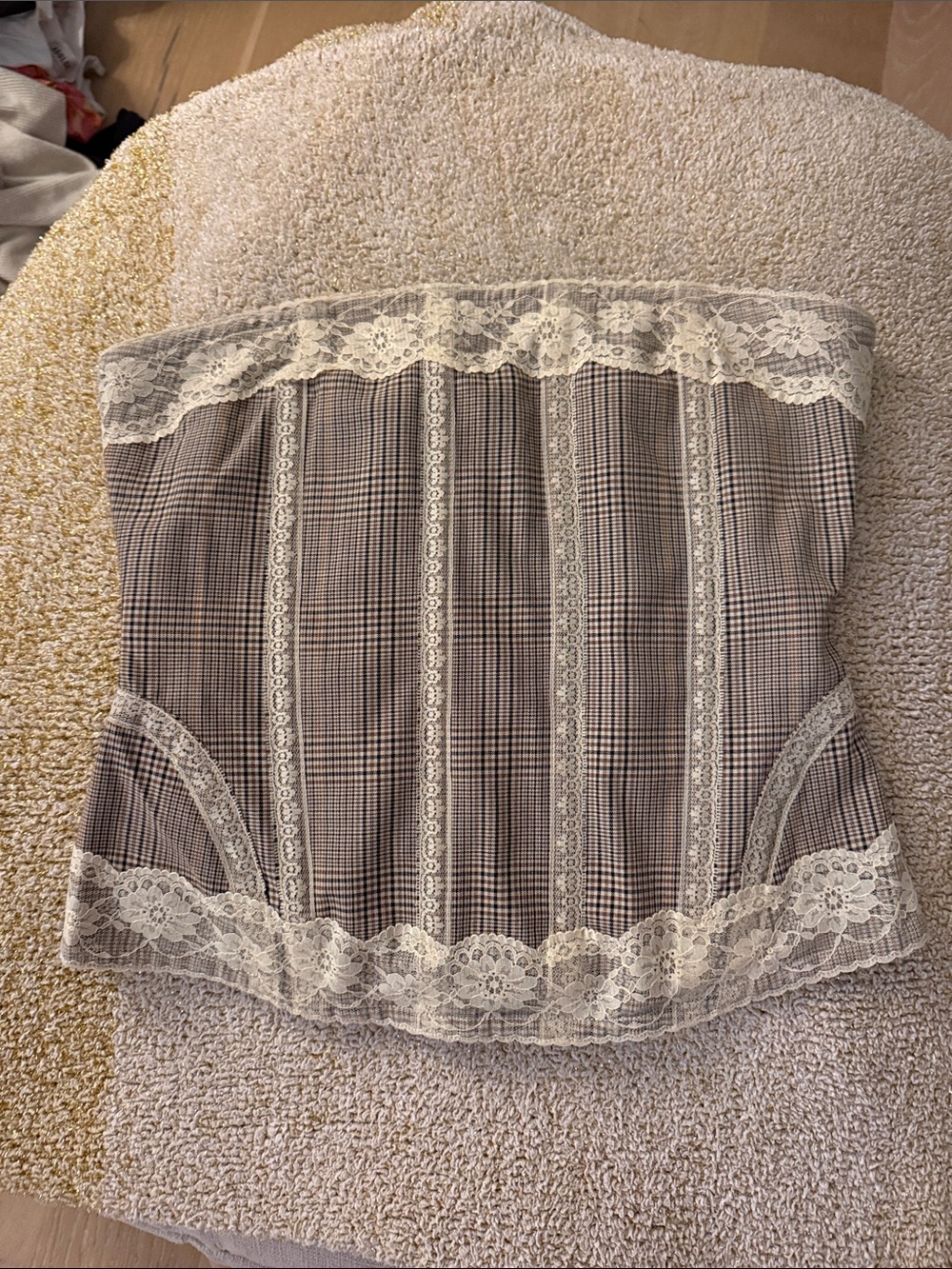 Miaou Plaid Lace Strapless Corset Top in Beige and Cream